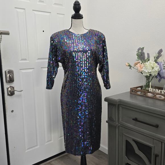 Oleg Cassini Vintage Sequin Dress Sz 8 Iridescent Open Back Cocktail Party Glam - Picture 2 of 10